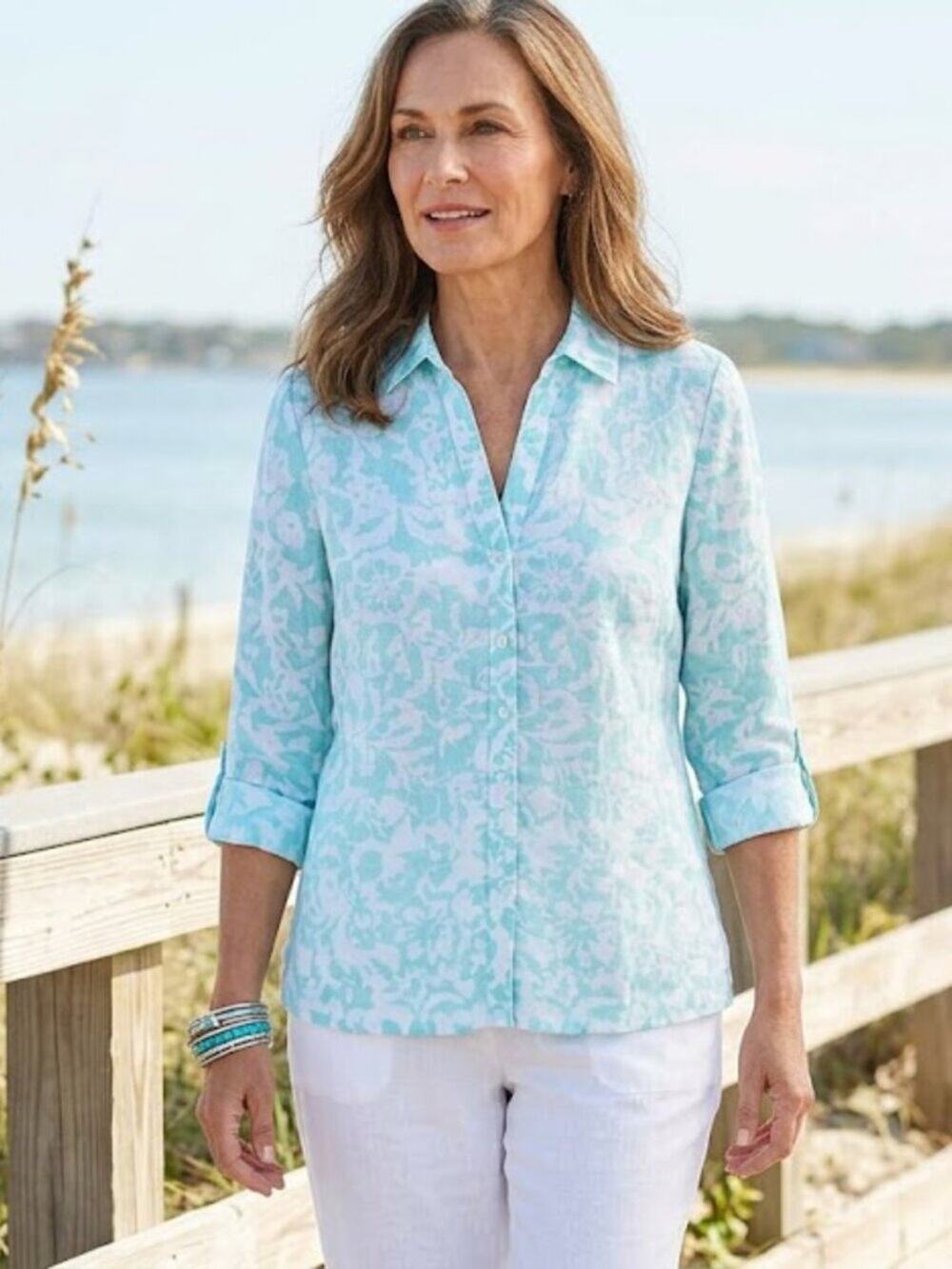 Charter Club 100% Linen Aqua Floral Button-Down Blouse - Size 6